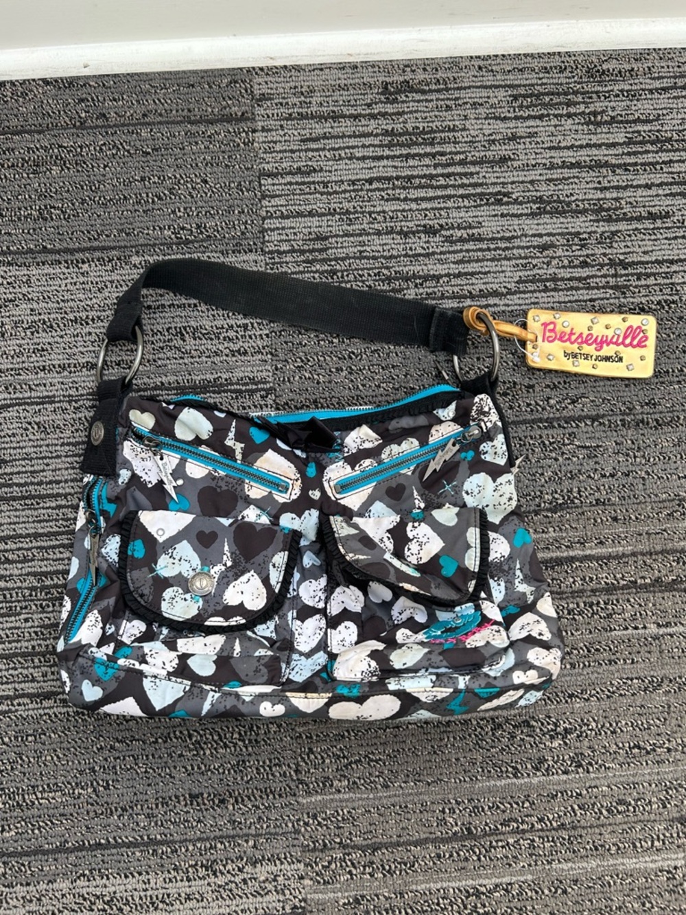 Betsey Johnson Black Blue and White Heart Print Purse